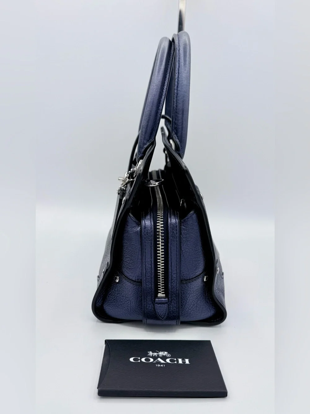 Coach Mercer 24 Satchel Metallic Navy Pebbled Leather Crossbody